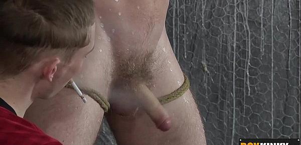  Asthon likes dripping wax on boy slave chest and hard cock